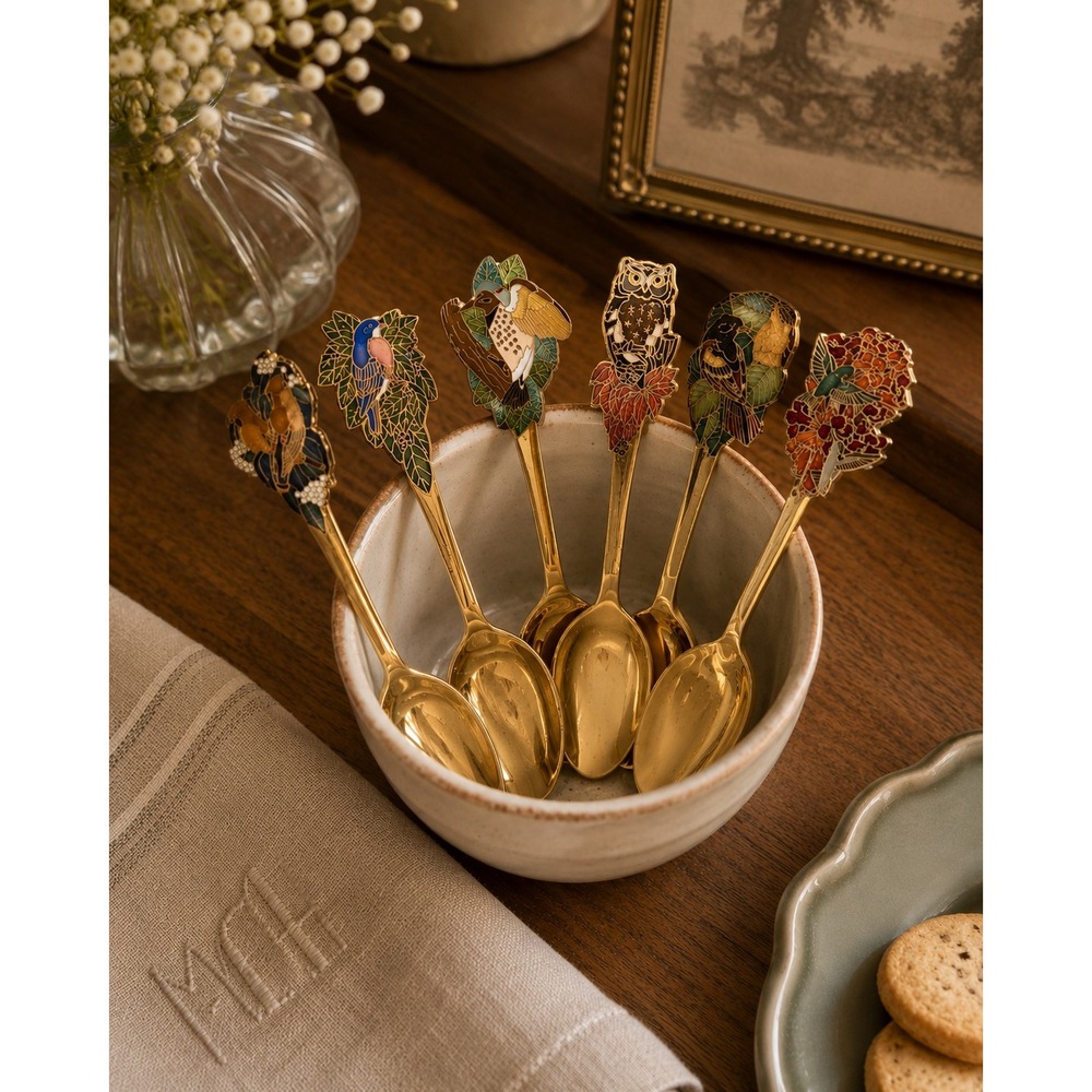 Vtg Hallmark Bird Souvenir Spoons Gold Tone Set of 6 Cloisonne Enamel